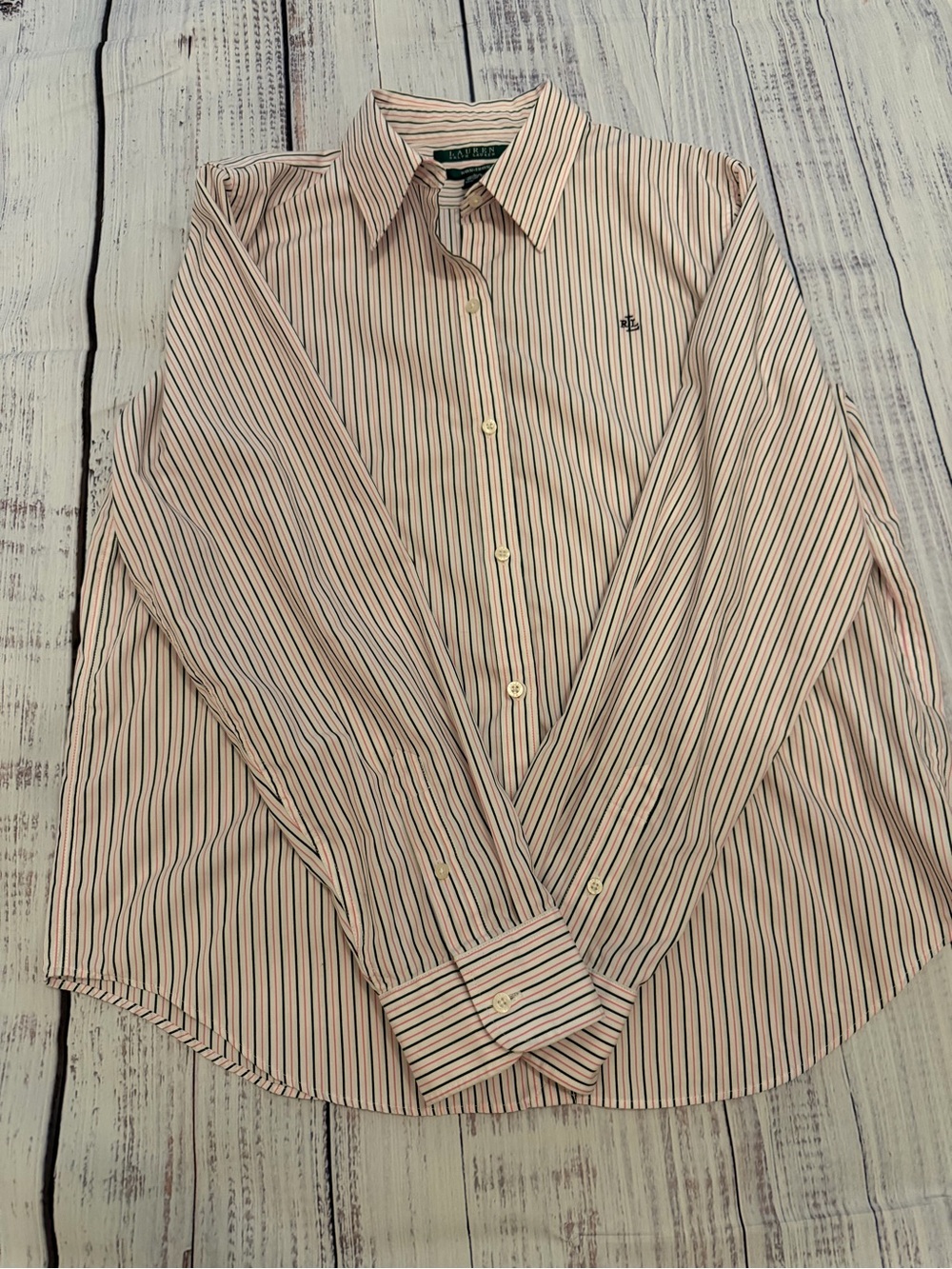 Lauren Ralph Lauren L Pink Black Stripe Cotton Button Down Shirt RL Logo